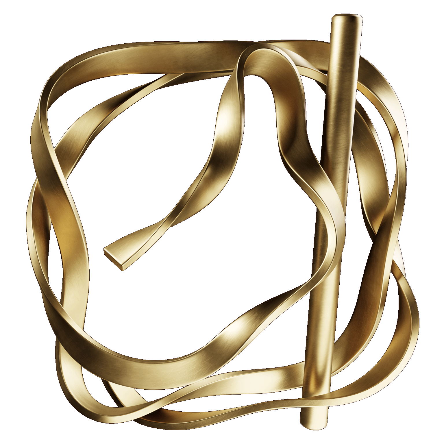 A scultpural form made of a thick brass ribbon, twisted and bent to give to create an impression of a figure surrounded by a rounded frame. Running through the right-side of the form is a brass cylinder. The overall image is a reference to the virtue 'Strength', frequently depicted by a feminine form supporting a column.